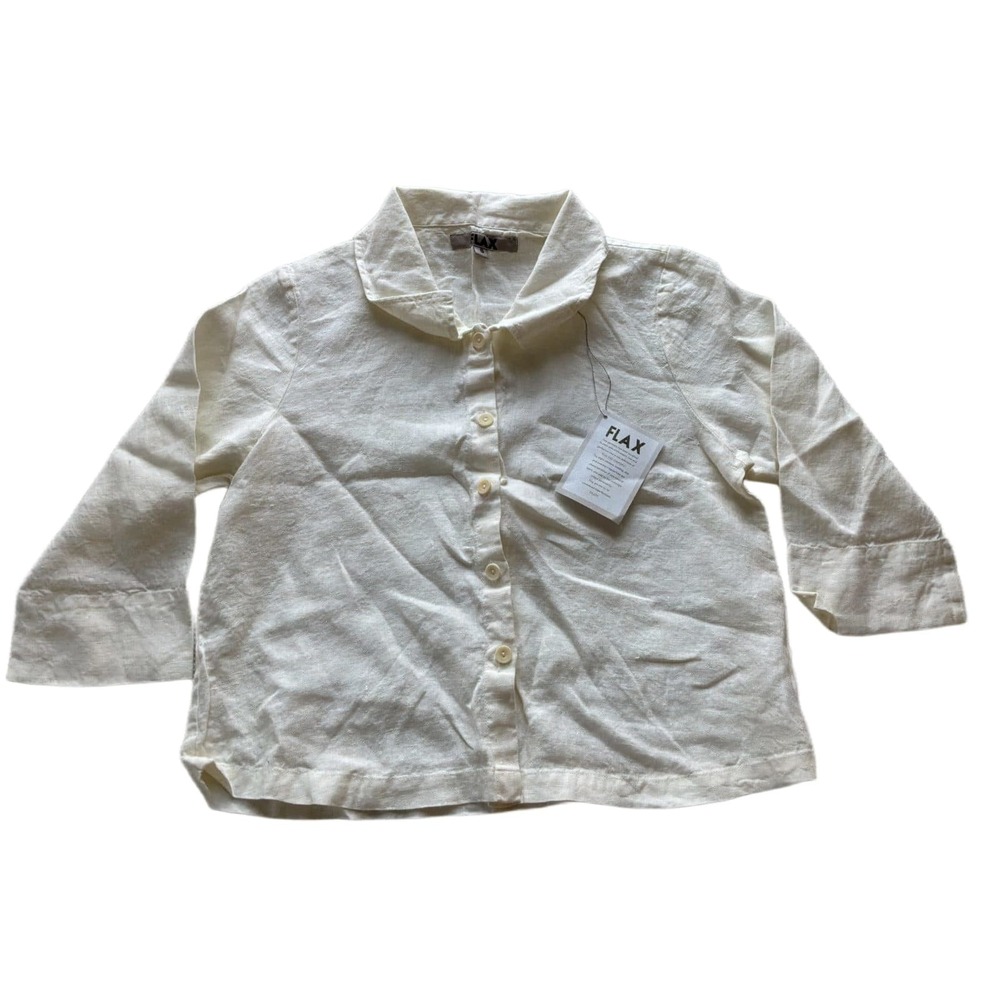 FLAX 100% Linen Button Down Shirt Womens S White Cream 3/4 Sleeve Collared NWT